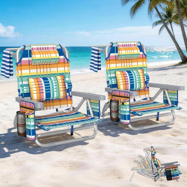 5-Position Backpack Beach Chair for Adults with Lumbar, Foldable Tall Heavy-Duty Beach Chairs with Cooler Bag,Cup Holder,Towel Rack for Beach, Camping, Outdoor (2, Rainbow)