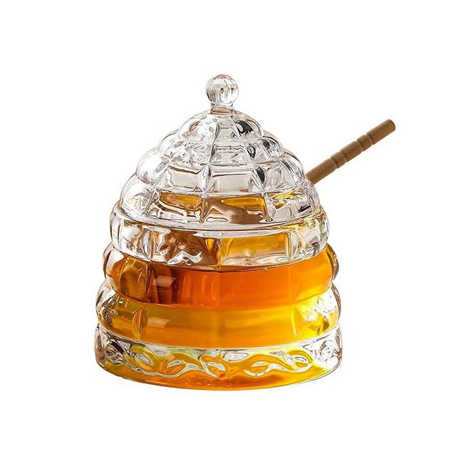 Omita Honey Jar with Dipper and Lid 8.2 oz Clear, Handcrafted Heavy Glass Holder Container Honey-pot for Jam Jelly Home Kitchen Tea Lover Storage