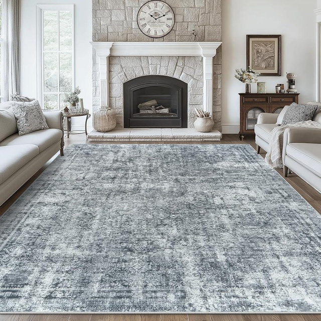8x10 Area Rugs Washable Rug: Large Vintage Abstract Living Room Rug Soft Anti-Skid Thin Carpet Indoor Floor Stain Resistant Carpets for Bedroom Dining Farmhouse Nursery Home Office Black Grey