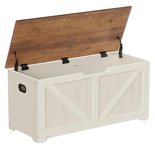 VASAGLE Storage Chest, Storage Bench with 2 Safety Hinges, Farmhouse Style, 15.7 x 39.4 x 18.1 Inches, for Entryway, Bedroom, Living Room, Honey Brown and Rustic White ULSB060WJ01S
