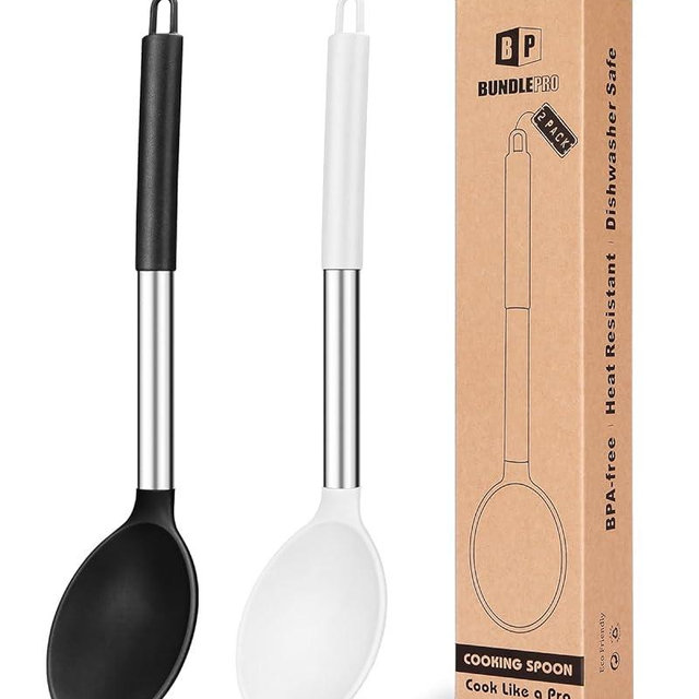Pack of 2 Large Silicone Cooking Spoon Non Stick Solid Basting Spoons Heat-Resistant Kitchen Utensils for Mixing Serving (Black-White)