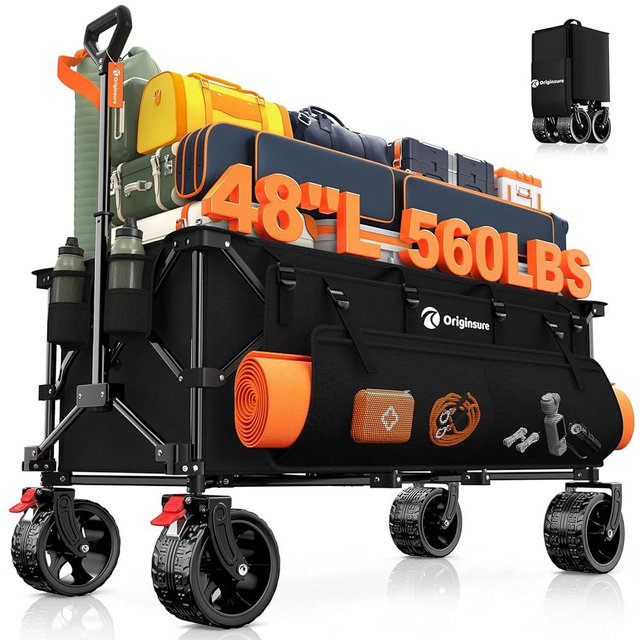48" L Folding Beach Wagon Cart Foldable, 560lbs Weight Capacity 300L Heavy Duty Collapsible Wagons with Big All-Terrain Wheels, Utility Carts for Groceries, Shopping, Camping, Sports - Black
