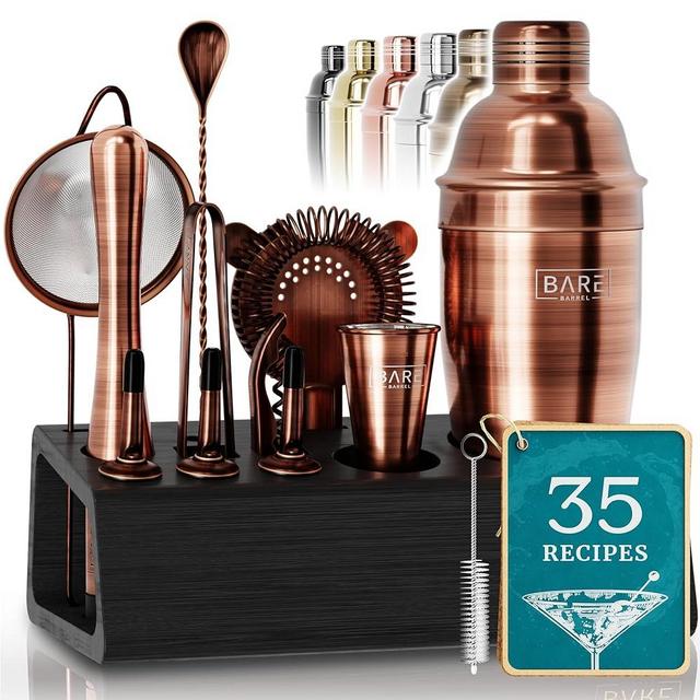 BARE BARREL® Mixology Bartender Kit Bar Set | 14-Piece Martini Cocktail Shaker Set | Professional Barware Mixing Tools for Home Bar | Stand & 35 Recipe Cards | Gift Set (Antique Copper)