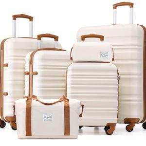 LONG VACATION 6 Piece Luggage Set Carry on Suitcase with ABS+PC hardshell, Spinner Wheels & YKK Zipper TSA Lock (BEIGE-BROWN, 6 piece set)