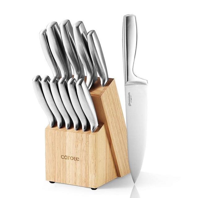 CAROTE 12PCS Knife Set, Stainless Steel Kitchen knife Set with Wooden Block, Dishwasher Safe Cutlery, Include Chef Knife, Bread Knife, Utility Knife, Paring Knife