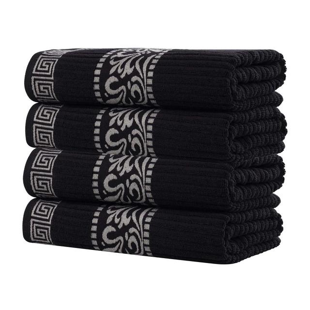100% Cotton Medium Weight Floral Infinity Trim Bath Towel Set of 4, Black-Chrome - Blue Nile Mills