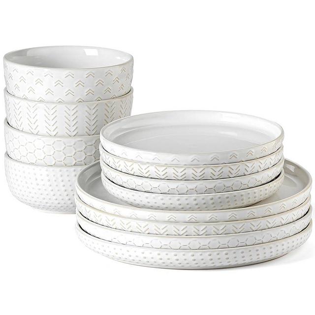 Plates and Bowls Sets, Dinnerware Sets 12 Piece Service for 4, Ceramic Dining Dinner Ware Service for 4, White