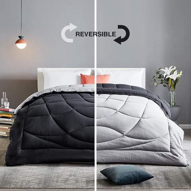 SLEEP ZONE All Season Comforter Down Alternative Soft Temperature Regulation Reversible Duvet, Black+Grey, King