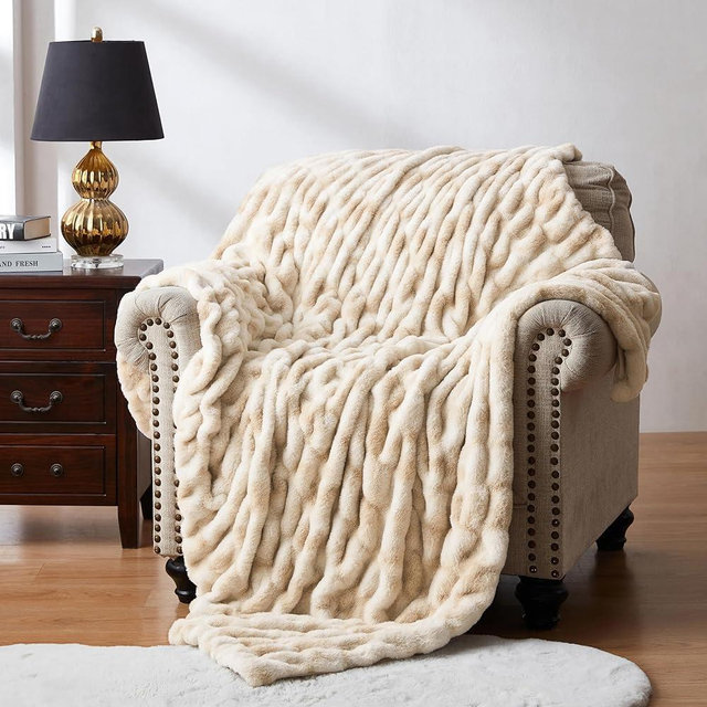 WDCOZY Ruched Faux Fur Throw Blanket Soft Cozy Fluffy Luxurious Blankets Couch Bed Sofa Chair Home Decor Warm Furry Fall Winter Plush Rabbit Fur Bubble Blanket 60" x 80", Caramel