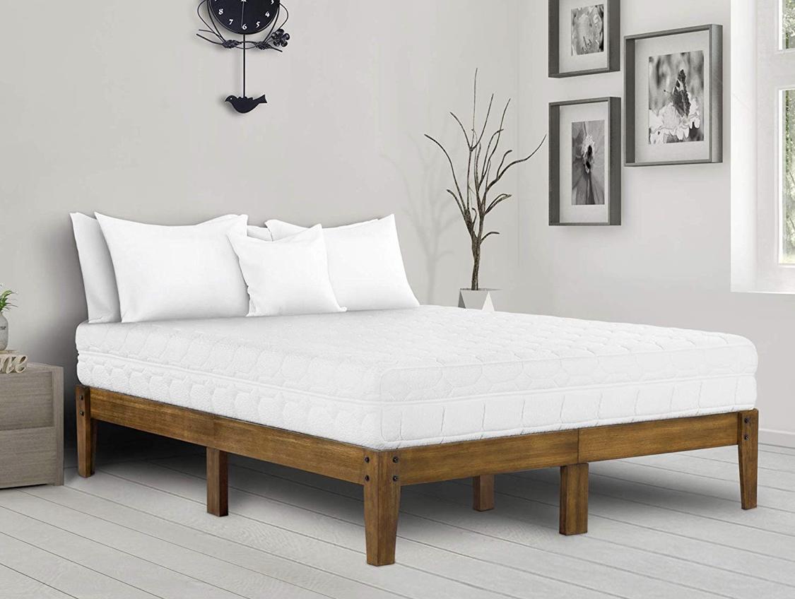 Ecos Living 14 Inch High Rustic Solid Wood Platform Bed with Natural Finish/No Box Spring/No Squeak (Light Brown, Queen)