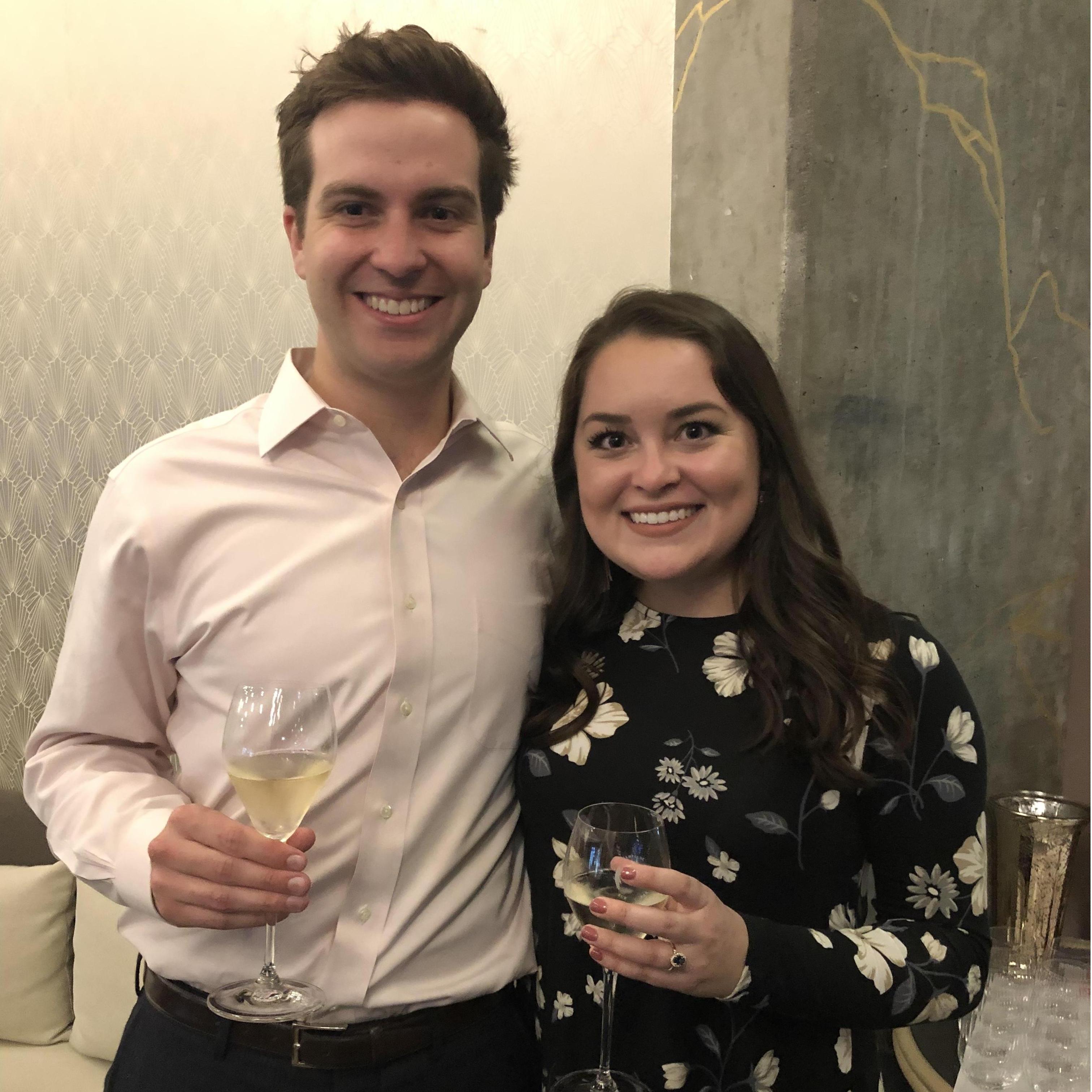 December 8, 2018, the night Griff proposed! Celebrating at a champagne bar in Sacramento.