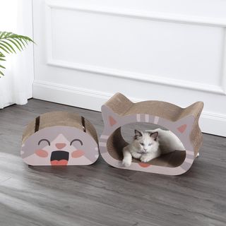 Opal Modern Happy Cat Head 2-in-1 Cat Cave Scratcher with Built-In Bell Toy