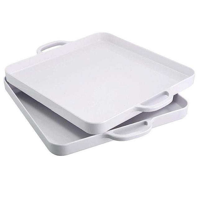 i BKGOO Foodservice White Plastic Tray with Handle Set of 2 Large Melamine Cube Serving Platters for Parties, Table, Kitchen Size(12.5"x12.5"x1")