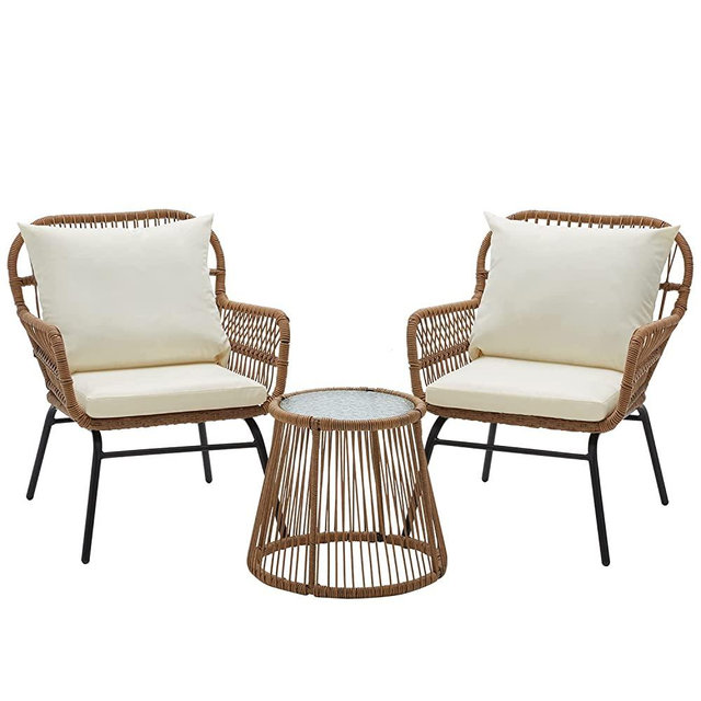 EROMMY 3-Piece Patio Conversation Bistro Set, Outdoor All-Weather Wicker Furniture with Tempered Glass Top Table & 2 Wide Ergonomic Armchairs, Seat Cushions for Porch, Backyard, White