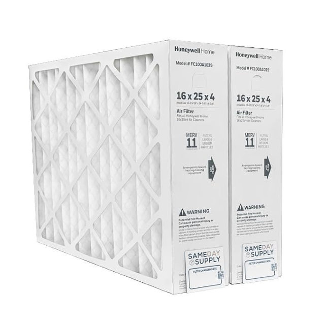 Honeywell FC100A1029 (2 Pack) - 16" x 25" x 4" Pleated Air Filter, MERV 11 Bundle with Same Day Supply Filter Change Reminder