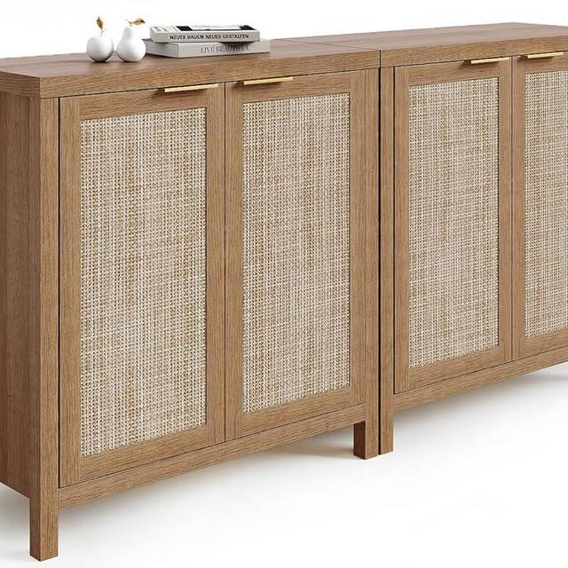 Sideboard Buffet Cabinet Set of 2, Rattan Credenza Buffet Cabinets, Wood Boho Storage Cabinet with Adjustable Shelf, Coffee Bar Cabine for Living Room, Kitchen, Dining Room, Hallway Retro Farmhouse