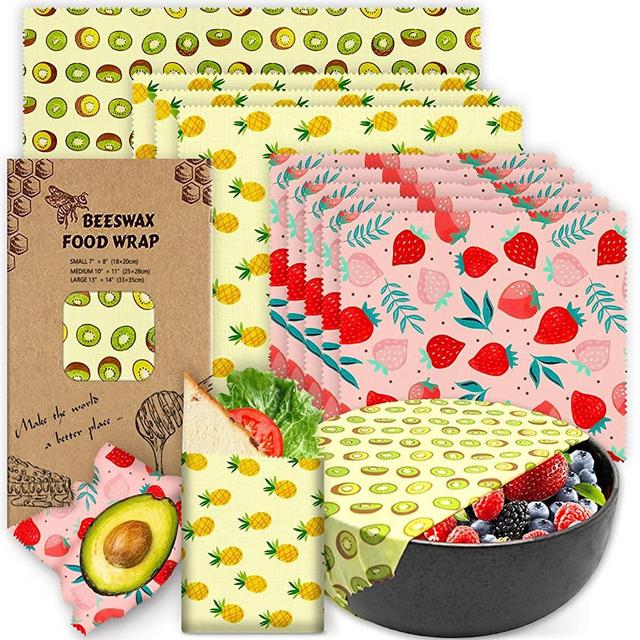 Reusable Beeswax Wrap - 9 Pack, Beeswax Wraps for Food, Eco-Friendly Beeswax Food Wrap, Organic, Sustainable, Biodegradable, Zero Waste, Plastic-Free Food Storage, 1L Kiwi, 3M Pineapple, 5S Strawberry