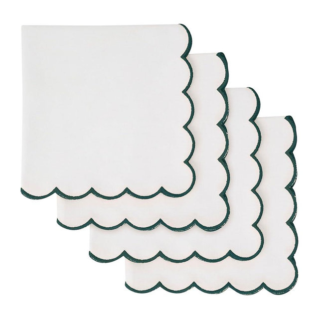 Blue Needles Scalloped Embroidery Cloth Napkins - 100% Cotton Set of 4 White Cloth Napkins with Scallop Design, 17 X 17 Inch Soft, Reusable, Washable Table Decor for Valentine's Day - Edges - Green