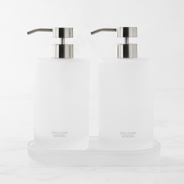 Hold Everything Glass Liquid Soap & Lotion Dispenser, Frosted, Set of 2 with Caddy