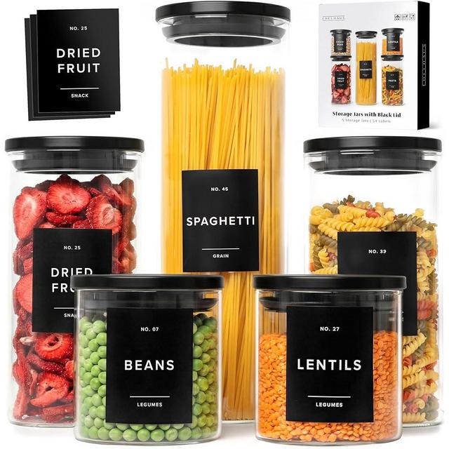 EDELHAUS Glass Storage Containers with Black Lids [Extra Thick Glas] with 54 Labels - Canister For Pantry Noodles Flour Cereal Rice Sugar Tea Coffee Beans - Round Set of 5x
