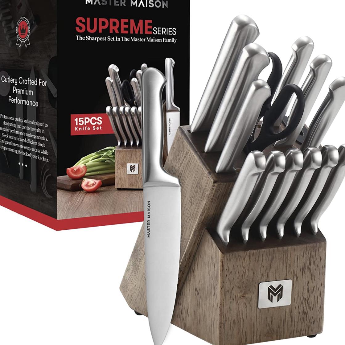 15-Piece Premium Kitchen Knife Set With Block | Master Maison German Stainless Steel Knives With Knife Sharpener & 6 Steak Knives (Silver)