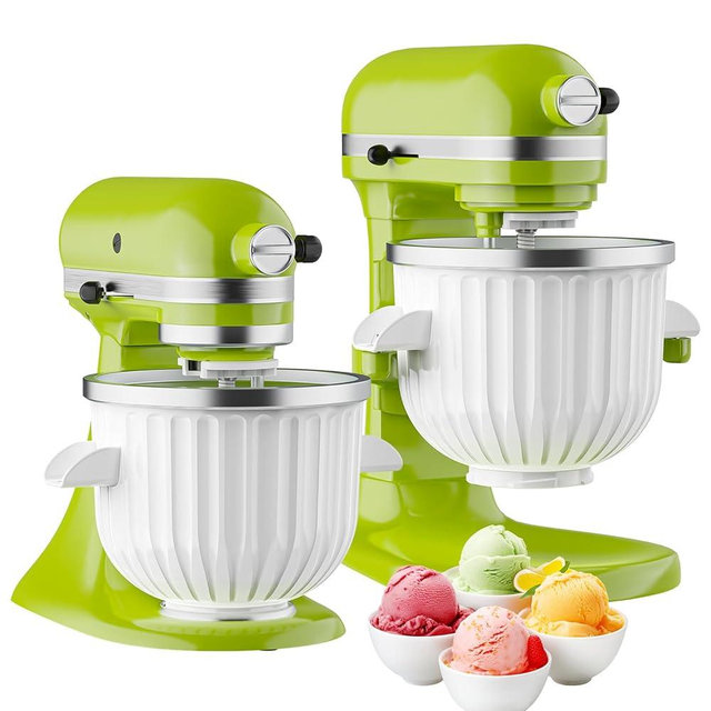 Ice Cream Maker Attachment for KitchenAid Stand Mixer, Compatible with 4.5/5Qt & Larger KitchenAid Stand Mixer, 2 Quart Frozen Ice Cream Bowl, Yogurt & Sorbet Gelato, White