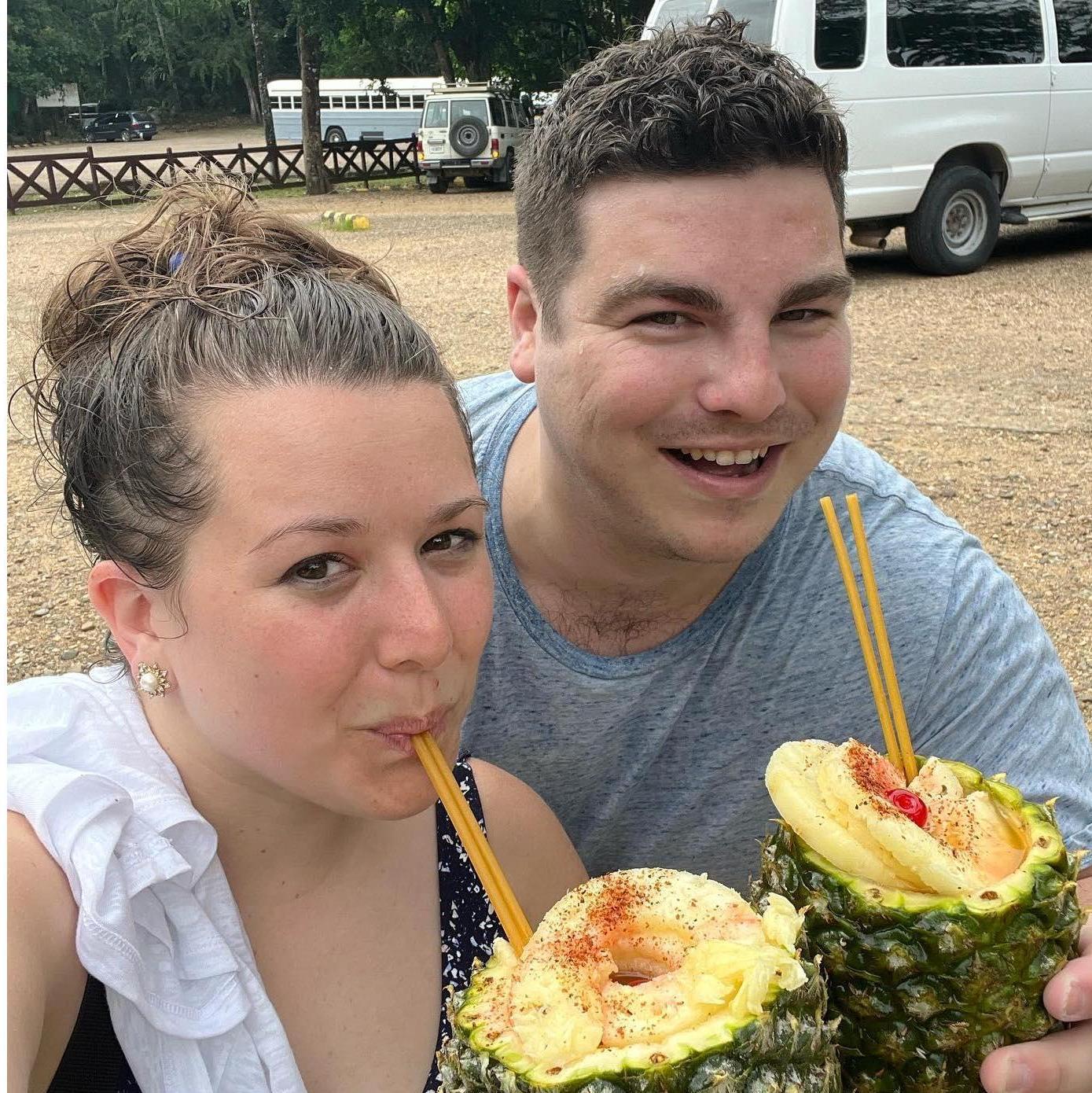 Tropical drinks after cave tubing in Belize