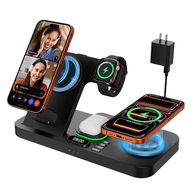 Dual Phone Magnetic Wireless Charging Station for Apple Devices/Apple Ecosystem, 7-Color Auto Light & 12H Clock, Multi-Device Charger for iPhone 17/16/15, for iWatch 11/10/9 & AirPods Pro3(Black