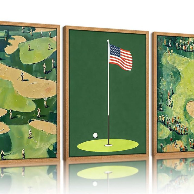 Framed Vintage Golf Wall Art Set of 3, Mid Century Americana Sports Wall Decor Painting, Retro Green Golf Course Landscape Canvas Prints Artwork for Bedroom Living Room Man Cave-12×16in