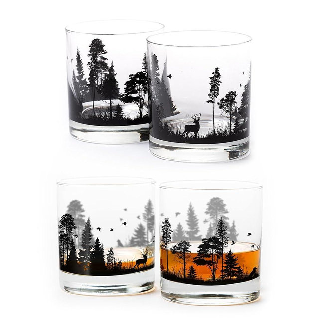 Black Lantern Whiskey Glass Set of 4 – 11oz Old Fashioned Bourbon, Scotch & Cocktail Tumblers with Forest Animal Nature Design | Premium Heavy-Base Barware