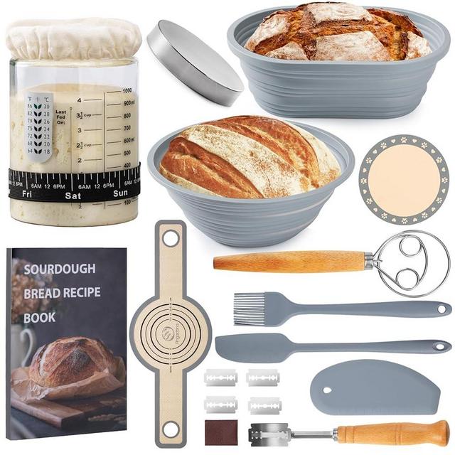 Angadona Sourdough Starter Kit, Sourdough Bread Baking Supplies, 40oz Sourdough Starter Jar, 9" Round & 10" Oval Silicone Bread Proofing Baskets Set, Bread baking tools,Silicone bread Sling