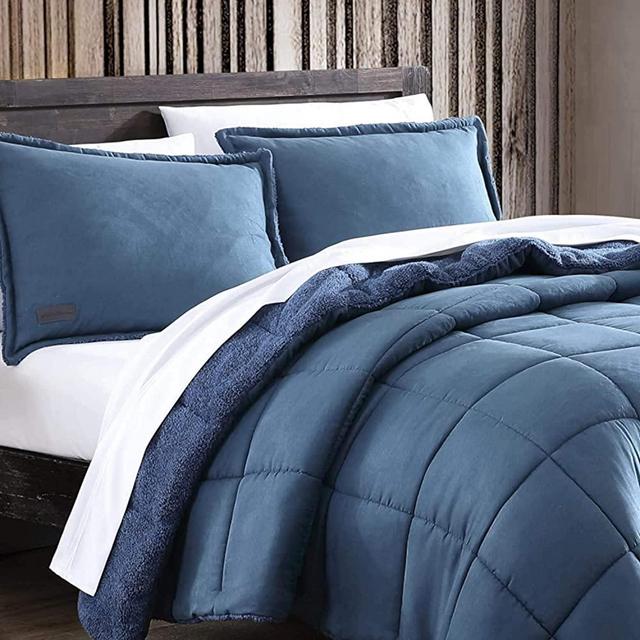 Eddie Bauer Home | Sherwood Collection | Comforter Set - Ultra Soft and Cozy, Sherpa Reversible Bedding with Matching Sham(s), Full/Queen, Blue