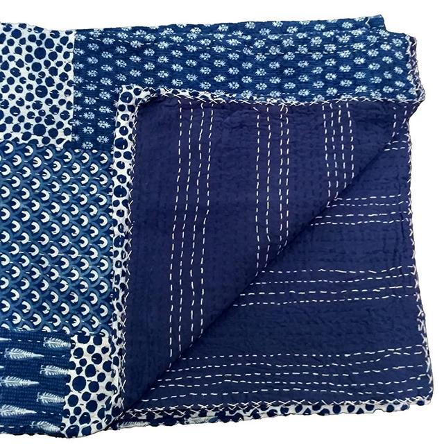 Trade Star Indigo Hand Block Printed Reversible Kantha Quilt Handmade 90X108 Queen Size Patchwork 100% Cotton Bedspread Made by Artisans Beautiful Kantha Quilt for Bedding Decor