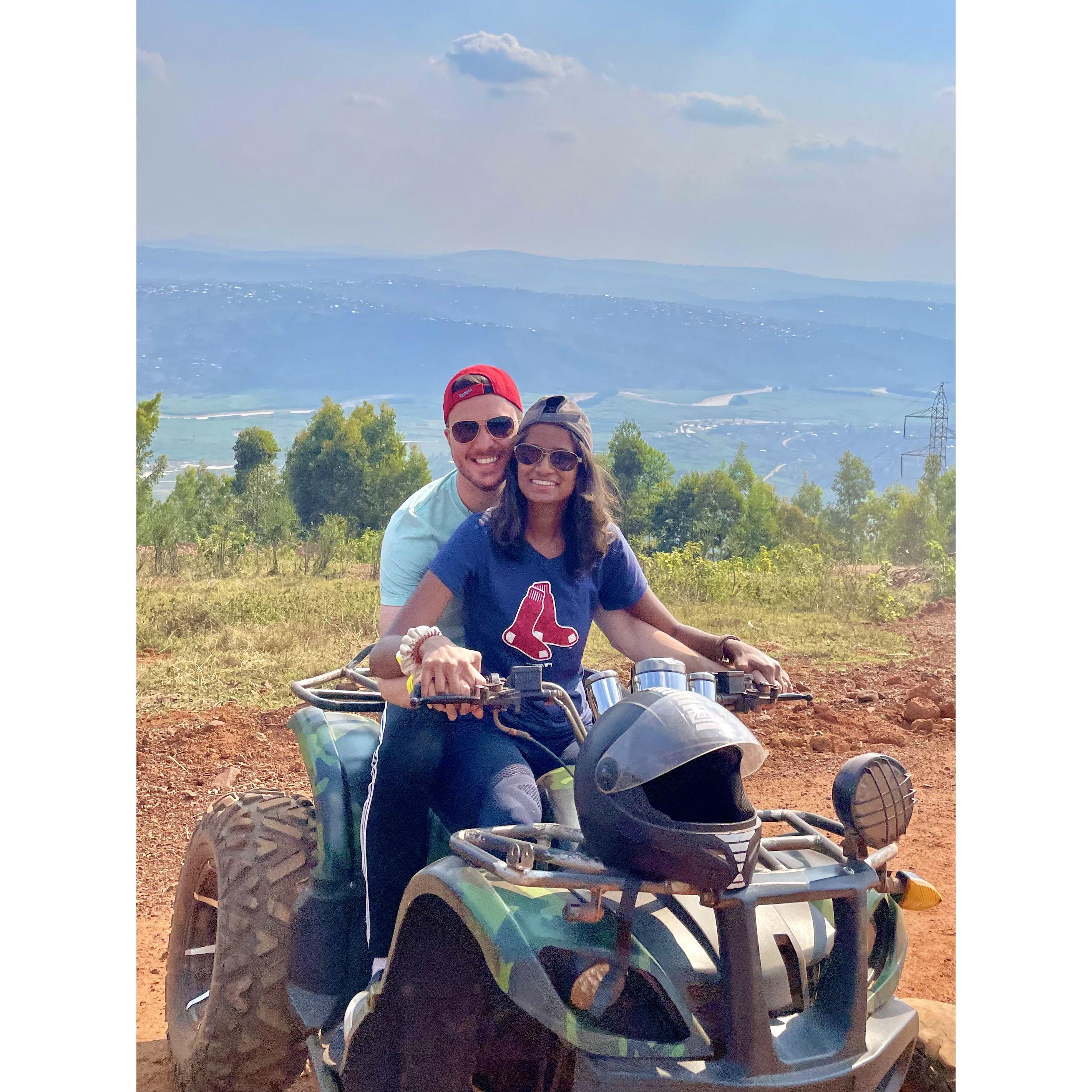 Riding ATVs on Mount Kigali a few moments after we "officially" began a relationship!