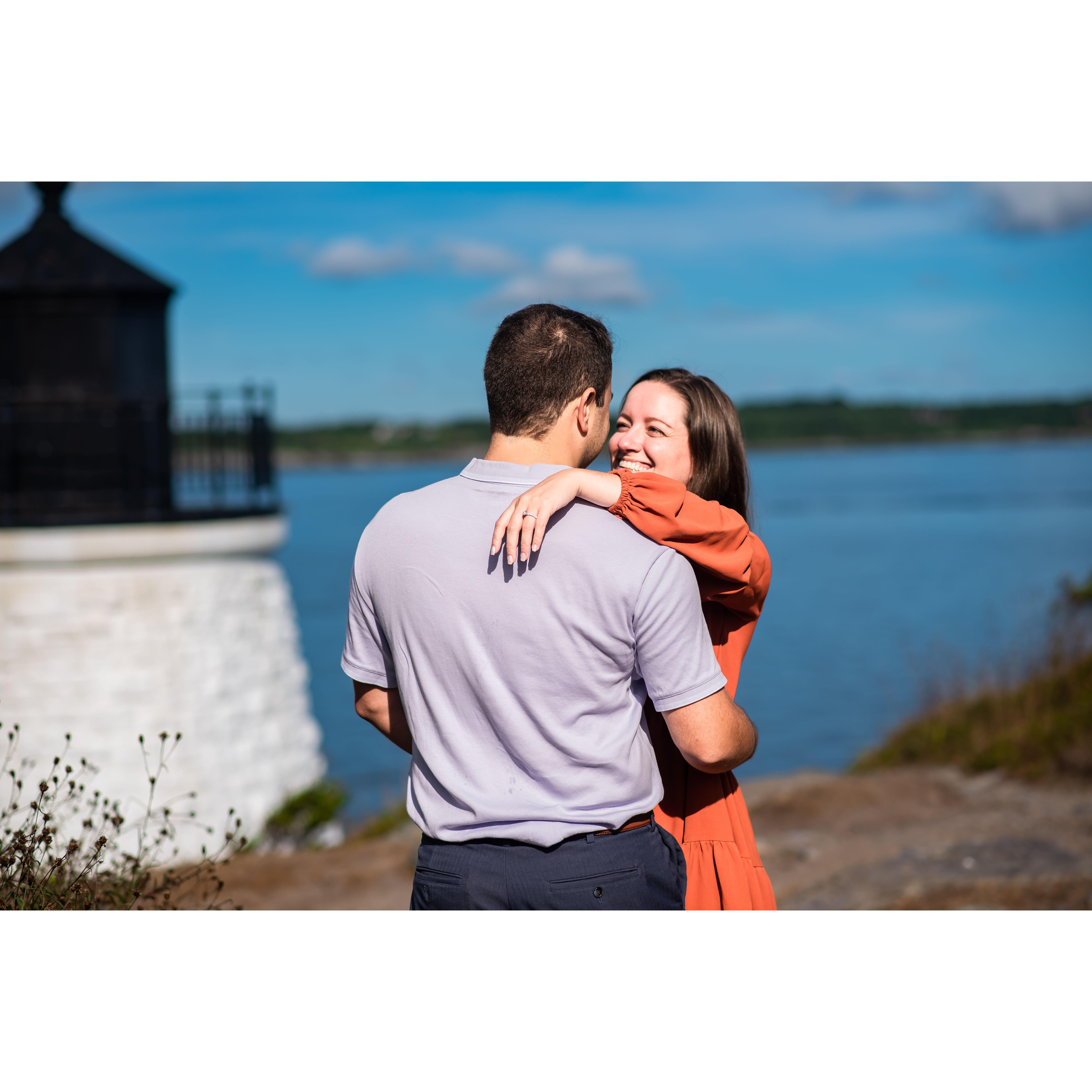 Nate proposed on the cliffside at the Castle Hill Lighthouse. A day we will never forget!