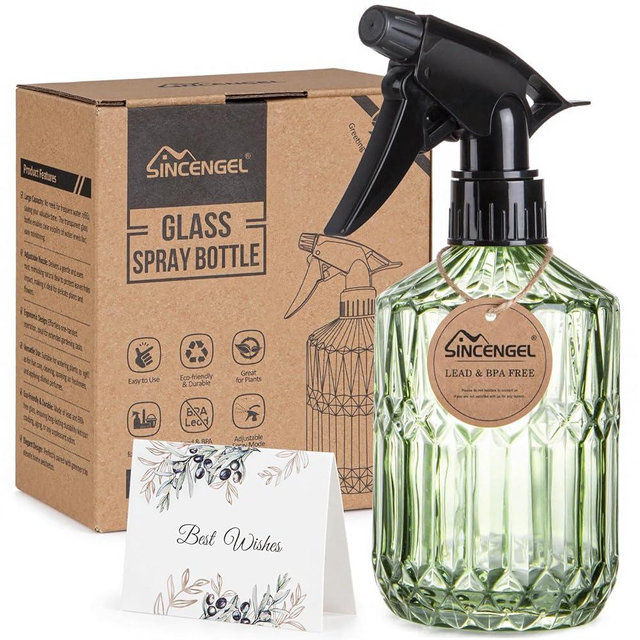 Sincengel Glass Plant Mister Bottle - 13.5 oz Refillable Leak Proof Water Spray Bottle for Indoor Plants, Spring Gardening,Cleaning, Hair, Pets Care with Adjustable Mist Nozzle (Green)
