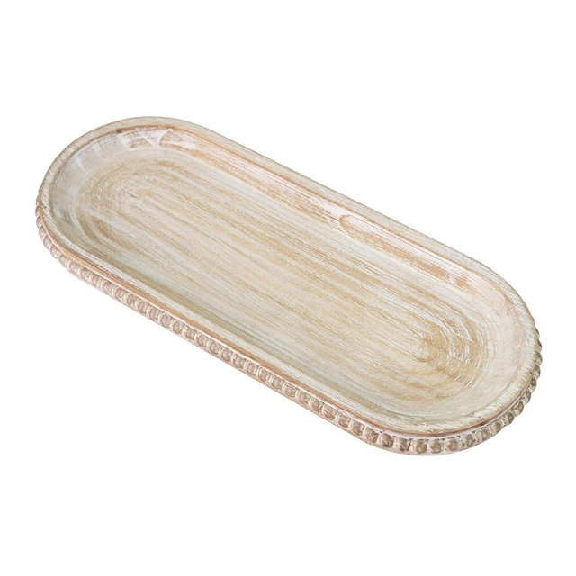 MAONAME Oval Long Narrow Wood Tray, Rustic Decorative Tray with Beaded, Wash White Farmhouse Vanity Trays, Toilet Tank Trays for Dresser, 12" x 4.7"