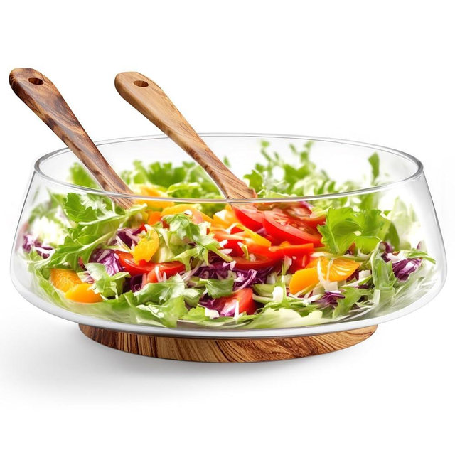 JINYUE Large Salad Bowl with Acacia Wood Base and Serving Utensils, Clear Glass Serving Bowl Set for Fruits, Cakes, Pasta, Desserts, Dishwasher and Microwave Safe and Easy to Clean
