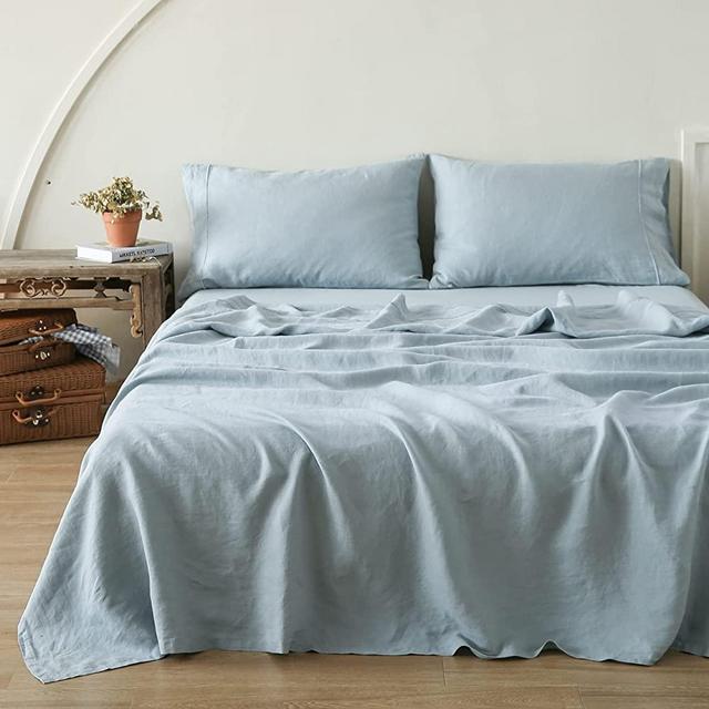 Simple&Opulence 100% Washed Linen Sheet Set-King Size-Natural France Flax Bed Sheet-4 Pcs Breathable,Ultra Soft,Farmhouse Bedding (1 Flat Sheet,1 Fitted Sheet,2 Pillowcases)-Embroidery Dusty Blue