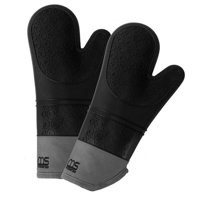 MS MOONSTONE Silicone Oven Mitts with Extra Long Cuff and Comfort Lining,Heat Resistant Food Grade Cooking Mittens for Baking,Grilling and Pot Holders,Double Protect Hands,1 Pair,Black