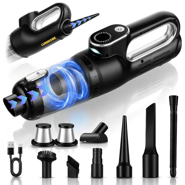 Car Vacuum Portable Cordless, 4-in-1 Mini Car Vacuum with 19500pa Suction & Air Duster, USB-C Charging, Smart Digital Display, Handheld Vacuum with LED Light, Multi Nozzles for Car, Home, Office, Pet