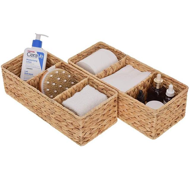StorageWorks 3-Section Wicker Baskets for Shelves, Hand-Woven Water Hyacinth Storage Baskets, 13.8" x 6.1" x 4.3", 2-Pack