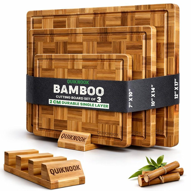 QUIKNOOK Bamboo Cutting Board Set of 3 with Holder | Non-Slip End Grain Chopping Block | Heavy-Duty Knife-Safe Bamboo Wood Cutting Boards for Kitchen Prep | Deep Juice Groove for Meat Veggies & Fruits