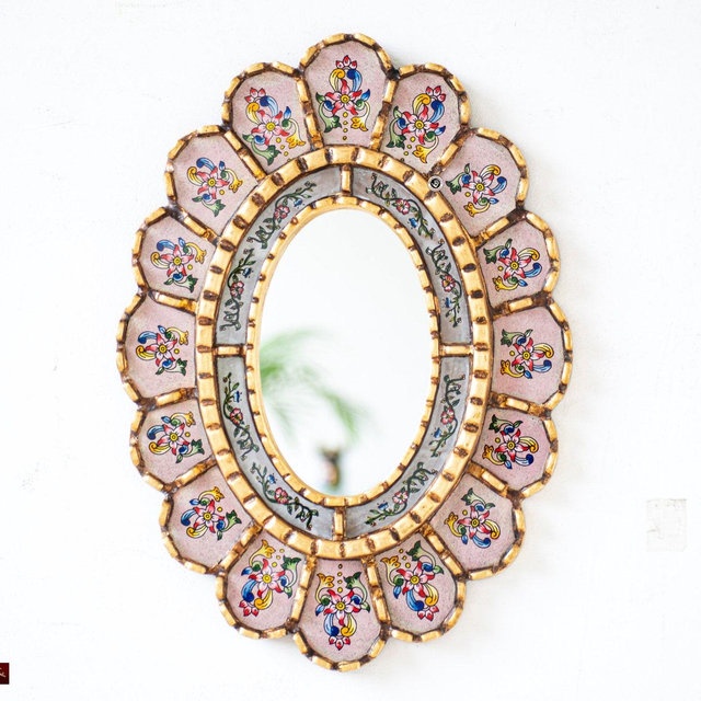 Peruvian Painted glass oval mirror wall art decorations | wedding gifts mirror on the wall | Pink Wall Hanging oval mirror for room decor
