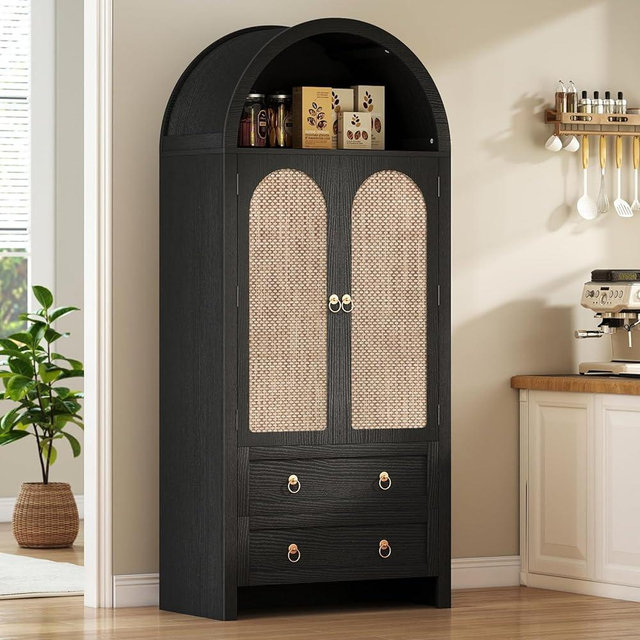 Curlaky 71" Tall Arched Kitchen Pantry Cabinet with Rattan Doors - Storage Cabinet with 2 Drawers & Adjustable Shelves, Wood Kitchen Cabinets for Dining Room, Living Room, Pantries Cupboard, Black