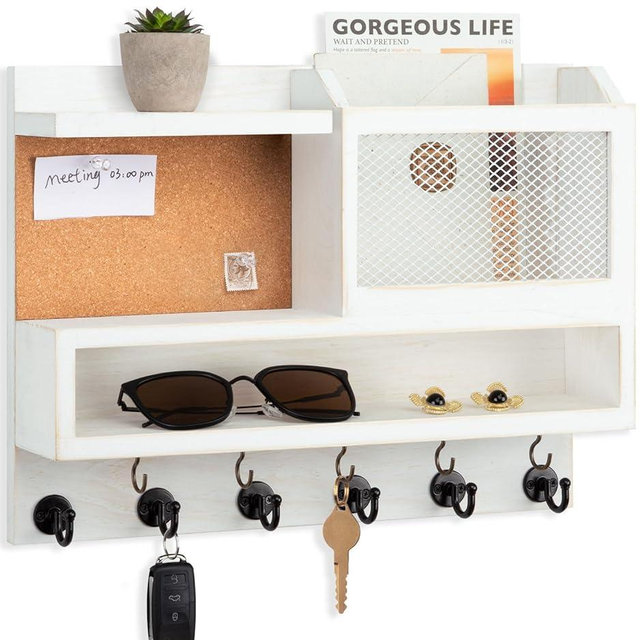 Key Holder for Wall with Mail Organizer,Farmhouse Mail and Key Holder for Wall,Key Hanger with ‌Metal 11 Hooks,Corkboard,and Shelf,Decorative Natural Pine Wood Entryway Organizer,14.6*11.1*3.3”,White