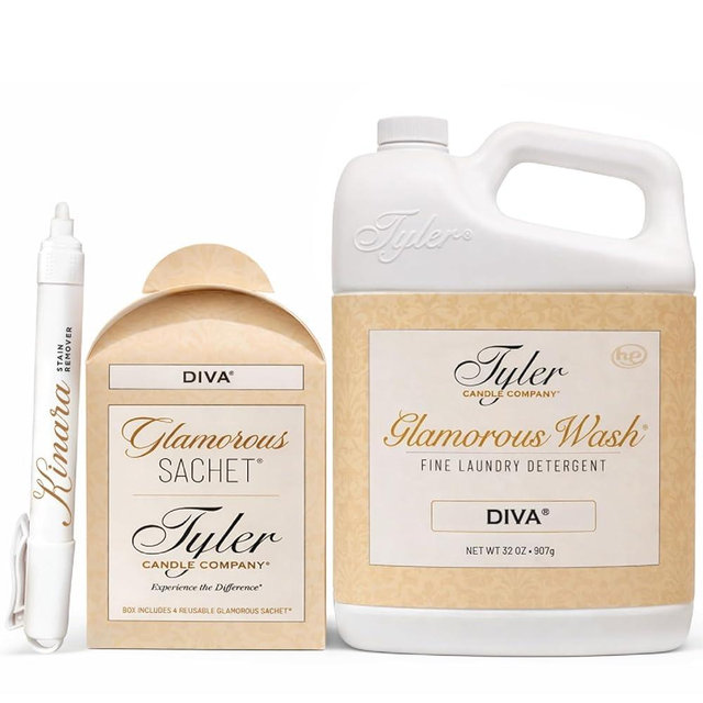 Tyler Glamorous Wash Diva Fine Laundry Detergent with a Kinara Stain Remover Pen and Dryer Sachets - Liquid Detergent Designed for Clothing - Hand and Machine Washable - 32oz (Diva)