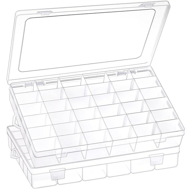 2 Pack 36 Grids Clear Plastic Organizer Box with Adjustable Dividers, Small Craft Organizers and Storage, Compartment Container for Bead, Nail, Jewelry, Art, DIY Crafts, Fishing Tackle, Small Items
