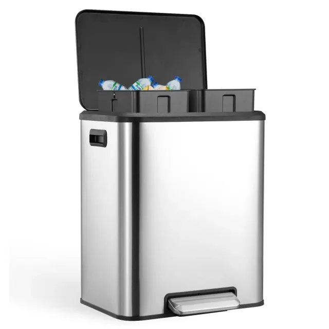 30 Liter Dual Trash Can Stainless Steel 2 Compartment Kitchen Recycling Bin Soft Close Lid Silver