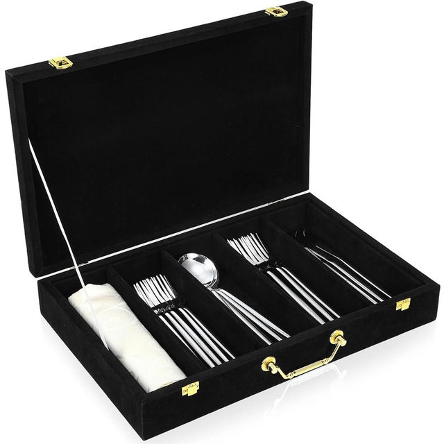 Pickmesh Silverware Case with Lid and Handle, Silverware Storage Box Sterling Silver Flatware Chest Without Silver Tarnish Proof Utensils Organizer for Kitchen Decor Wedding Gifts(Black,1 Layer)